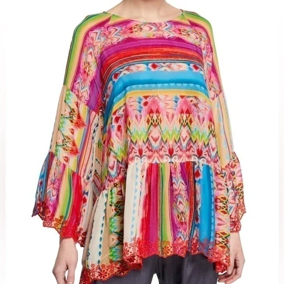 Johnny Was Porcelain Flare-Sleeve Ruffle Blouse NWT